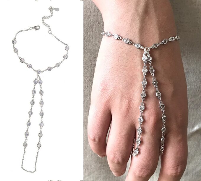 N7031c Bracelet esclave femme argent – Chaine de main zirconium - Bijoux Bracelets Femmes en ligne Ninanina