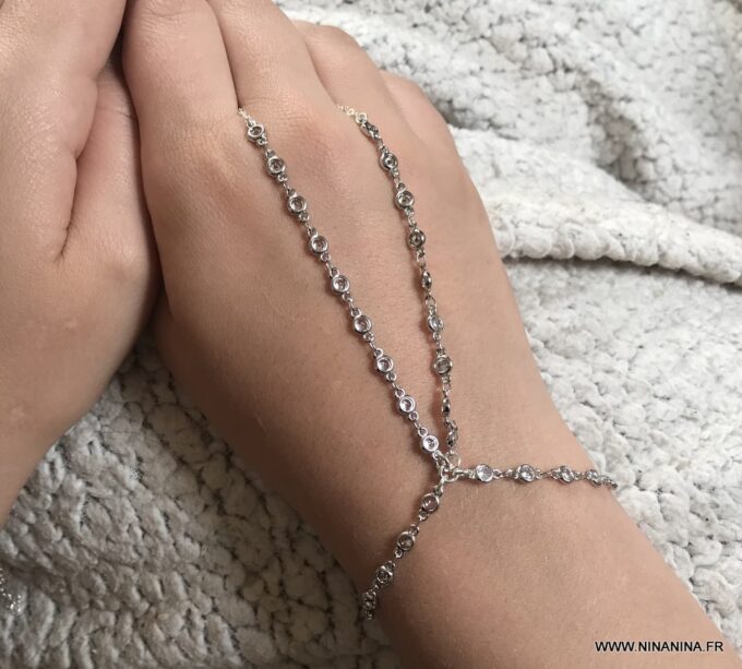 N7031c Bracelet esclave femme argent - Chaine de main zirconium - Bijoux Bracelets en ligne Ninanina
