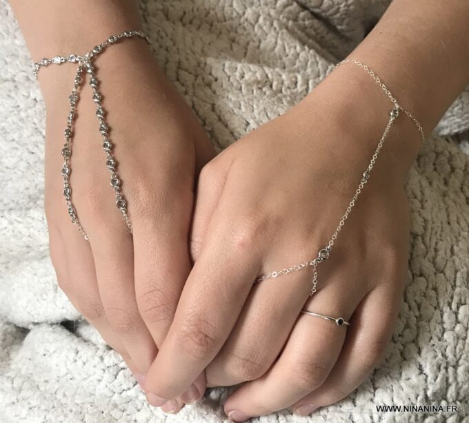 N7031e Bracelet esclave femme argent - Chaine de main zirconium - Bijoux Bracelets en ligne Ninanina