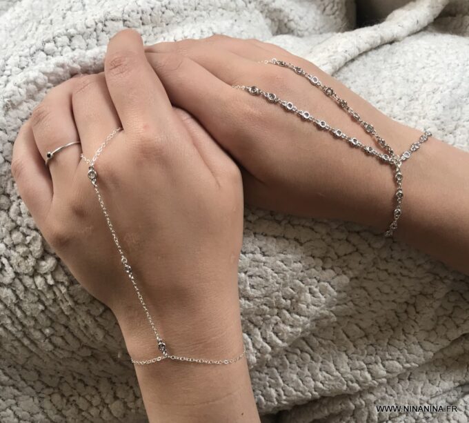N7031f Bracelet esclave femme argent - Chaine de main zirconium - Bijoux Bracelets en ligne Ninanina