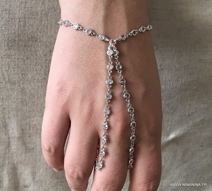 N7031g Bracelet esclave femme argent - Chaine de main zirconium - Bijoux Bracelets en ligne Ninanina