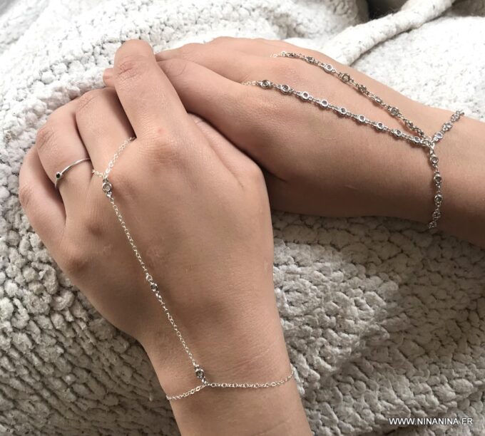 N7031h Bracelet esclave femme argent - Chaine de main zirconium - Bijoux Bracelets en ligne Ninanina