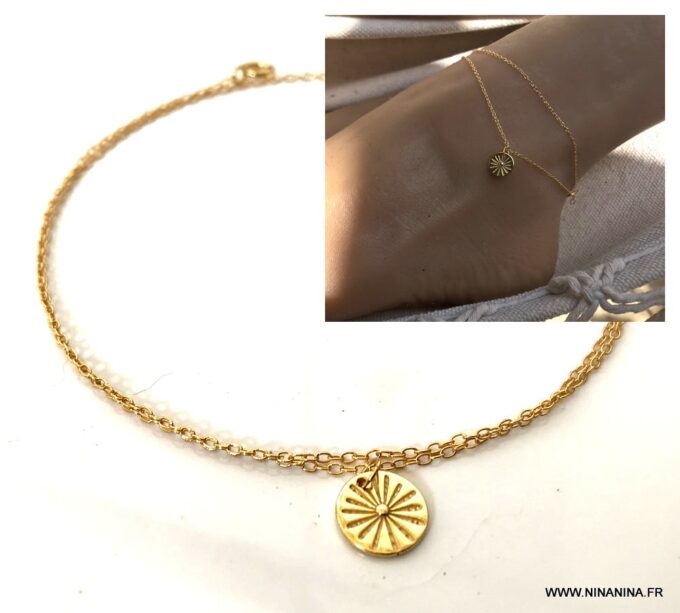 N7037a Chaine pour cheville femme pendentif soleil argent Plaqué Or - Bijoux de pied en ligne Ninanina