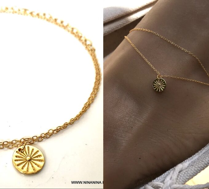 N7037c Chaine pour cheville femme pendentif soleil argent Plaqué Or - Bijoux de pied en ligne Ninanina