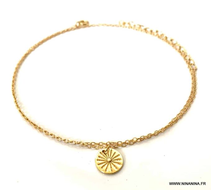 N7037e Chaine pour cheville femme pendentif soleil argent Plaqué Or - Bijoux de pied en ligne Ninanina