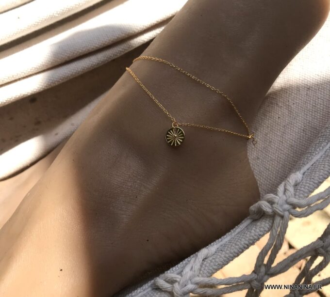 N7037f Chaine pour cheville femme pendentif soleil argent Plaqué Or - Bijoux de pied en ligne Ninanina