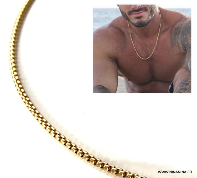 N7038B Chaine maille venitienne or plaqué sur Acier pour homme - Bijoux Chaines en ligne Ninanina Bijou masculin : chaîne maille vénitienne en acier plaqué or, design moderne et durable. Détails des maillons de la chaine et petite photo de la chaine portée