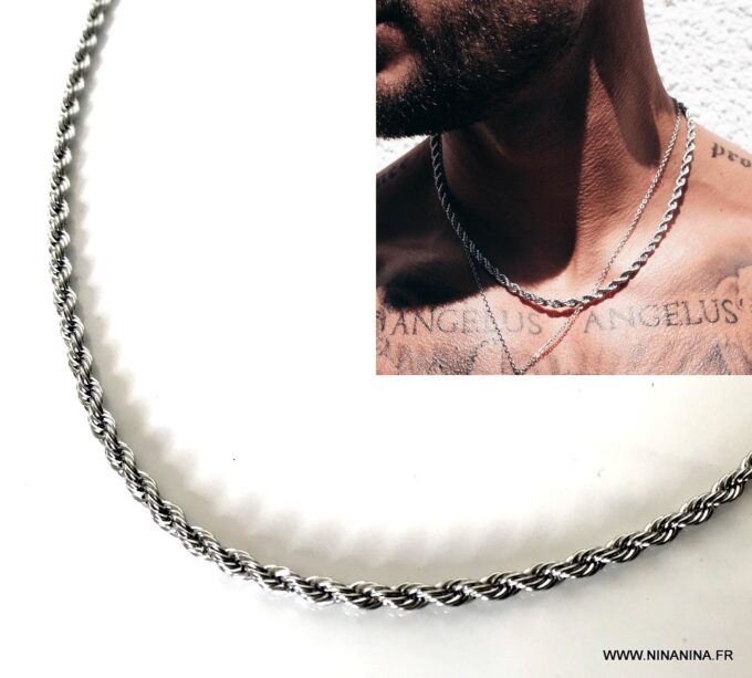 N7040a Chaine torsade pour homme Acier inoxydable chirurgical argent - Bijoux Chaines en ligne Ninanina