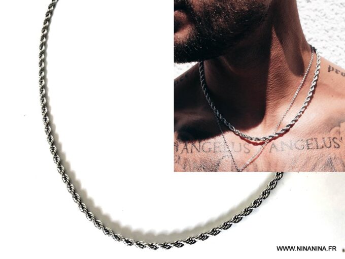 N7040c Chaine torsade pour homme Acier inoxydable chirurgical argent - Bijoux Chaines en ligne Ninanina