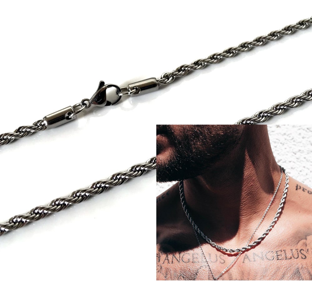 Collier chaine torsadé fine en acier inox argenté