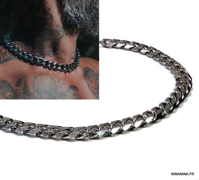 N7044a Chaine maille gourmette homme Acier inoxydable argent - Bijoux Chaines en ligne Ninanina