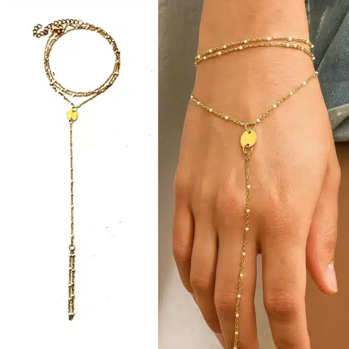 N7046 Bracelet à doigt avec bague perle blanche émaillée artisanale et acier inoxydable doré - Bijoux de main en ligne Ninanina