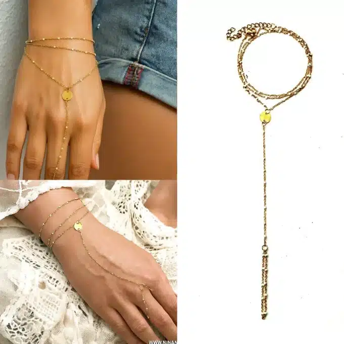 N7046b Bracelet à doigt avec bague perle blanche émaillée artisanale et acier inoxydable doré - Bijoux de main en ligne Ninanina