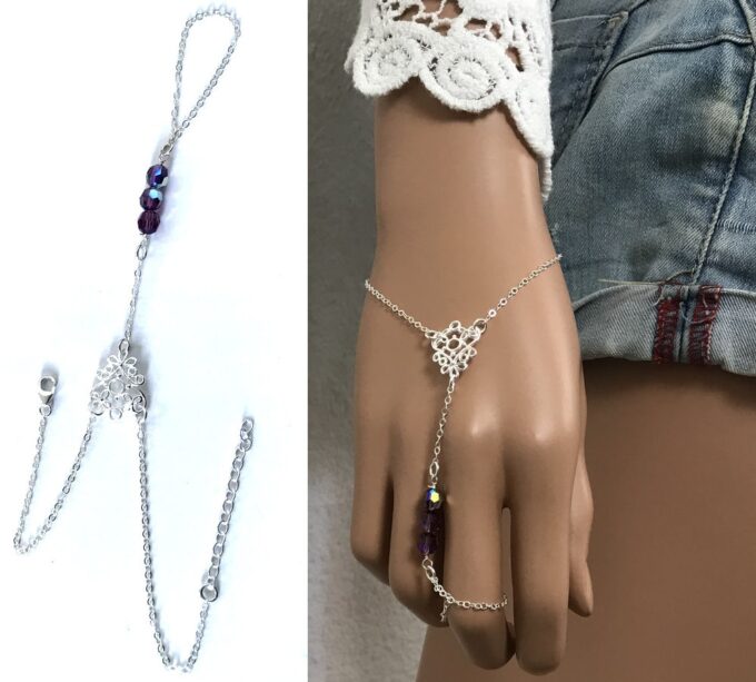 N7050 Chaîne de main Swarosvki argent 925 - Bracelet bague perles cristal mauve - Bijoux de main en ligne Ninanina