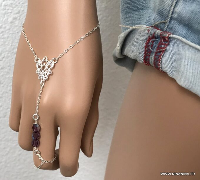 N7050a Chaîne de main Swarosvki argent 925 - Bracelet bague perles cristal mauve - Bijoux de main en ligne Ninanina