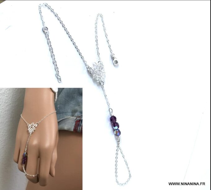 N7050b Chaîne de main Swarosvki argent 925 - Bracelet bague perles cristal mauve - Bijoux de main en ligne Ninanina