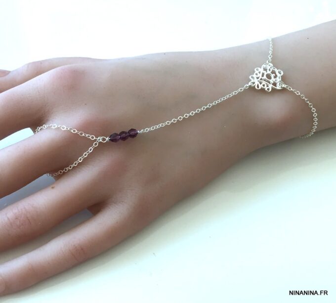 N7050g Chaîne de main Swarosvki argent 925 - Bracelet bague perles cristal mauve - Bijoux de main en ligne Ninanina