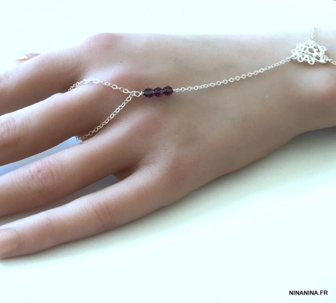 N7050i Chaîne de main Swarosvki argent 925 - Bracelet bague perles cristal mauve - Bijoux de main en ligne Ninanina
