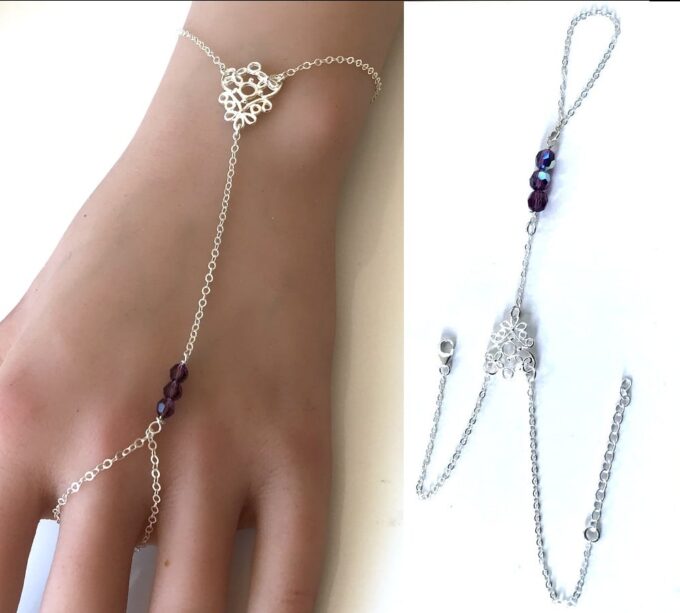 N7050j Chaîne de main Swarosvki argent 925 - Bracelet bague perles cristal mauve - Bijoux de main en ligne Ninanina