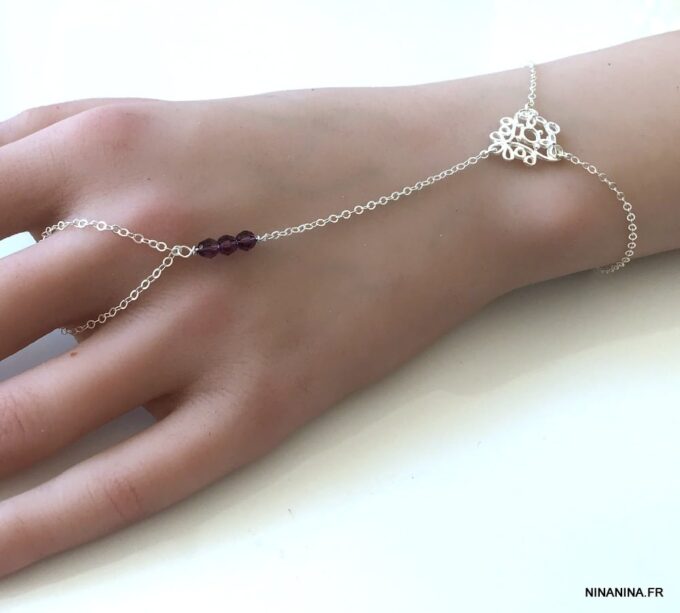 N7050l Chaîne de main Swarosvki argent 925 - Bracelet bague perles cristal mauve - Bijoux de main en ligne Ninanina