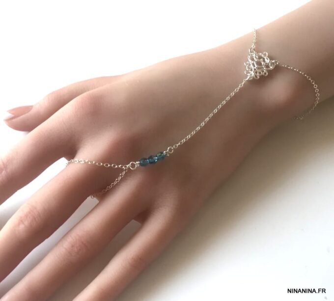 N7050o Chaîne de main Swarosvki argent 925 - Bracelet bague perles cristal mauve - Bijoux de main en ligne Ninanina