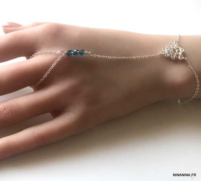 N7050r Chaîne de main Swarosvki argent 925 - Bracelet bague perles cristal mauve - Bijoux de main en ligne Ninanina