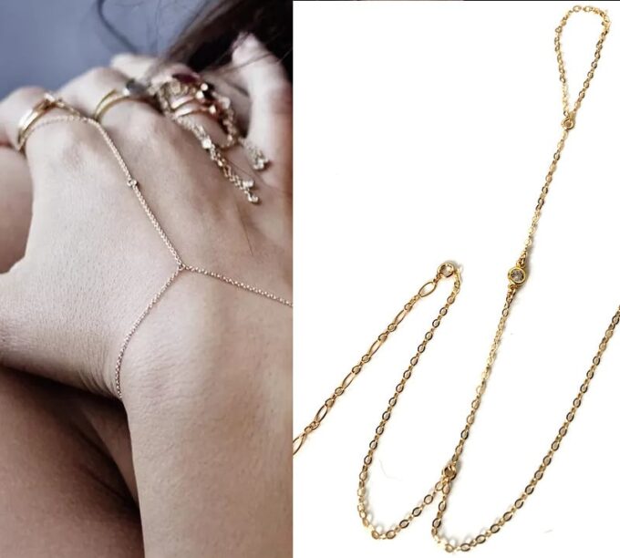 N7051b bracelet doigt poignet or plaqué - chaine main zirconium dorée - Bijoux Bracelets en ligne Ninanina