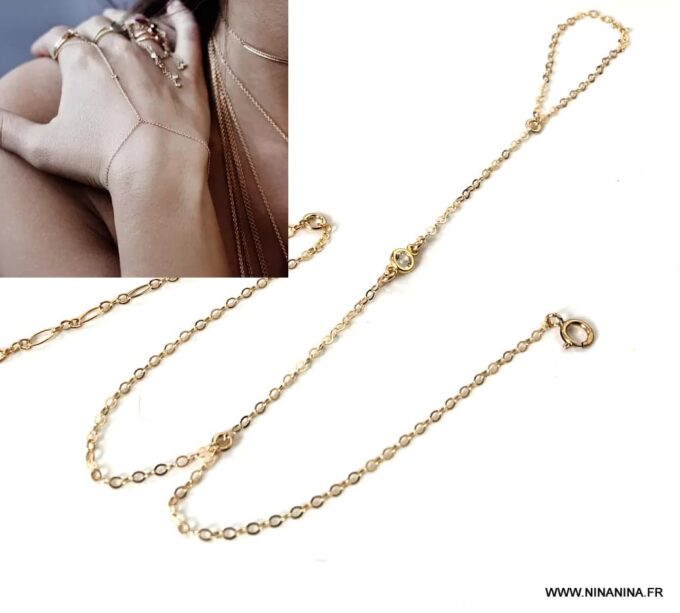 N7051c bracelet doigt poignet or plaqué - chaine main zirconium dorée - Bijoux Bracelets en ligne Ninanina