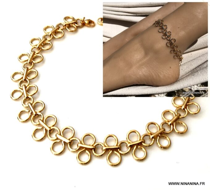 N7055a Bracelet cheville bohème plaqué or - Chaine large maille dorée - Bijoux de pied en ligne Ninanina
