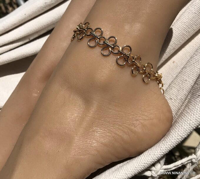 N7055b Bracelet cheville bohème plaqué or - Chaine large maille dorée - Bijoux de pied en ligne Ninanina
