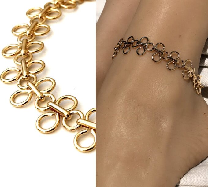 N7055c Bracelet cheville bohème plaqué or - Chaine large maille dorée - Bijoux de pied en ligne Ninanina