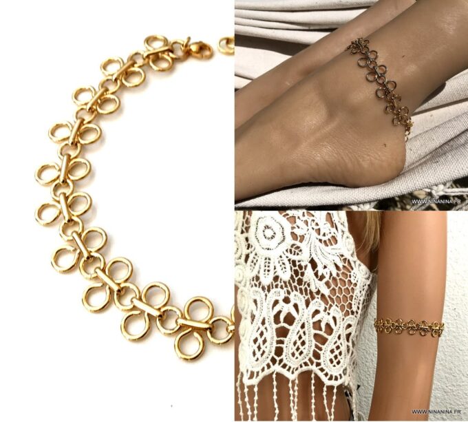 N7055g Bracelet cheville bohème plaqué or - Chaine large maille dorée - Bijoux de pied en ligne Ninanina