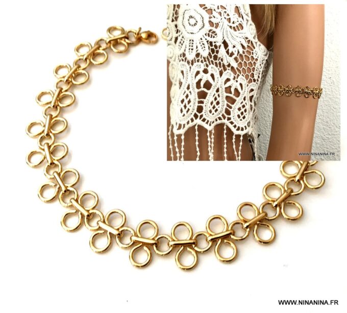 N7056a Bracelet de bras doré - brassard femme large maille plaqué or - Bijoux Bracelets en ligne Ninanina