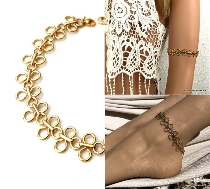 N7056i Bracelet de bras doré - brassard femme large maille plaqué or - Bijoux Bracelets en ligne Ninanina