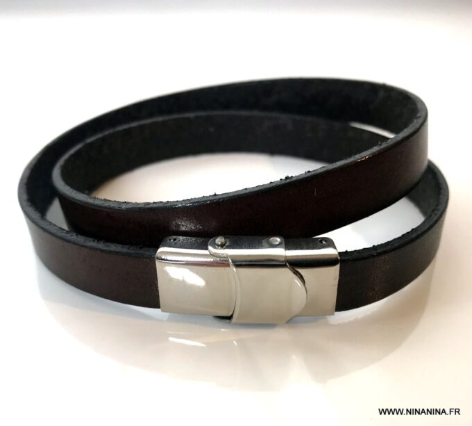 N7069 Bracelet cuir double tour fermoir Acier inoxydable argent - Bijoux Bracelets en ligne Ninanina