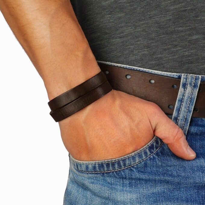 N7069a Bracelet cuir double tour fermoir Acier inoxydable argent - Bijoux Bracelets en ligne Ninanina