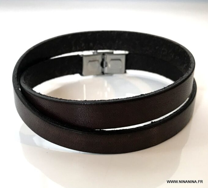 N7069a Bracelet cuir double tour fermoir Acier inoxydable argent - Bijoux Bracelets en ligne Ninanina