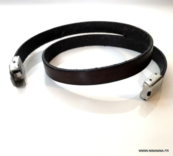 N7069c Bracelet cuir double tour fermoir Acier inoxydable argent - Bijoux Bracelets en ligne Ninanina