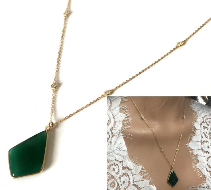N7032a Collier pendentif vert en onyx et zirconium femme plaqué or - Bijoux Colliers en ligne Ninanina
