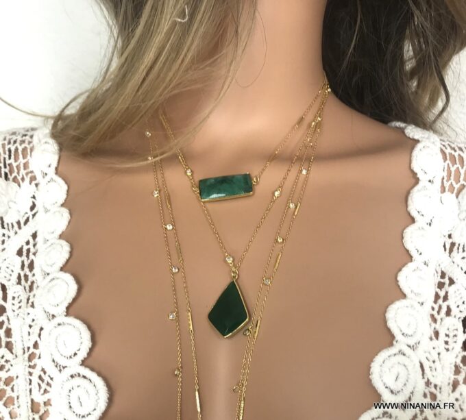 N7032c Collier pendentif vert en onyx et zirconium femme plaqué or - Bijoux Colliers en ligne Ninanina