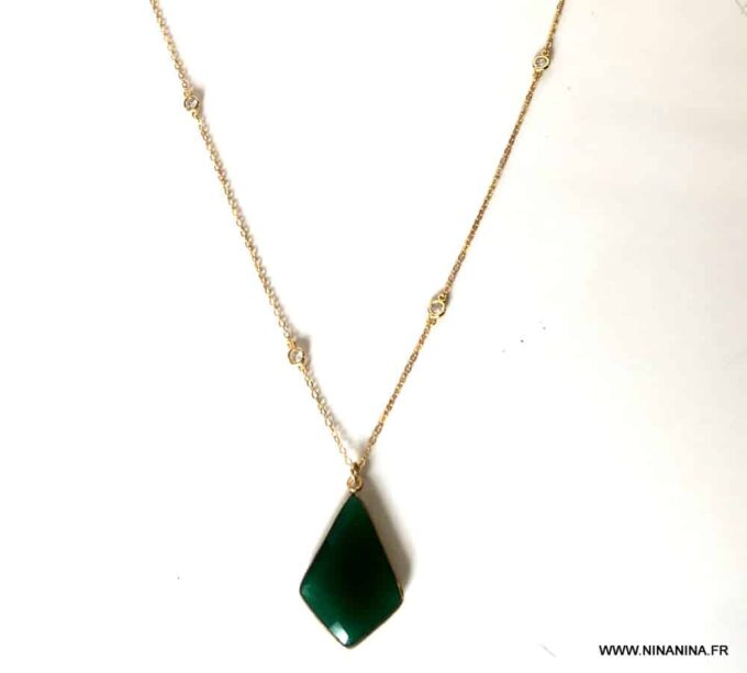 N7032d Collier pendentif vert en onyx et zirconium femme plaqué or - Bijoux Colliers en ligne Ninanina