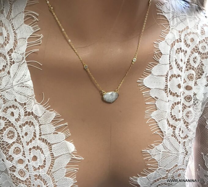 N7073a Pendentif Pierre de Lune véritable chaine plaqué or et zirconium - Bijoux Colliers en ligne Ninanina
