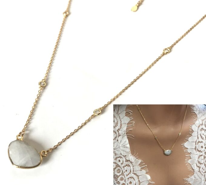N7073c Pendentif Pierre de Lune véritable chaine plaqué or et zirconium - Bijoux Colliers en ligne Ninanina