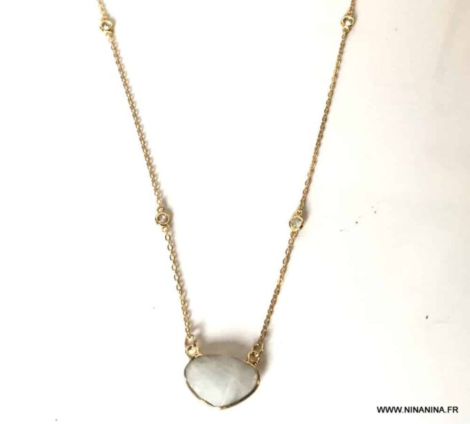 N7073e Pendentif Pierre de Lune véritable chaine plaqué or et zirconium - Bijoux Colliers en ligne Ninanina