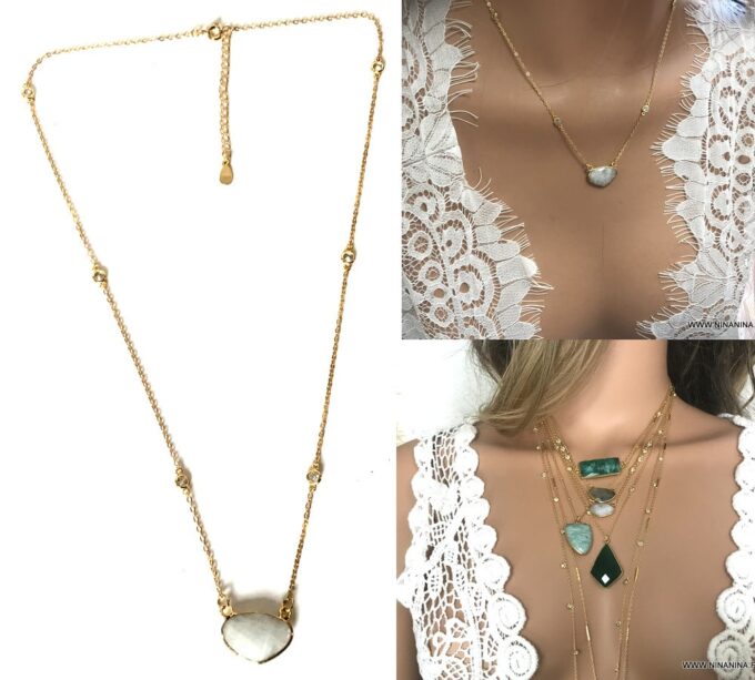 N7073g Pendentif Pierre de Lune véritable chaine plaqué or et zirconium - Bijoux Colliers en ligne Ninanina