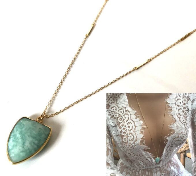 N7074b Collier Amazonite femme doré - Sautoir argent plaqué or - Bijoux Colliers en ligne Ninanina