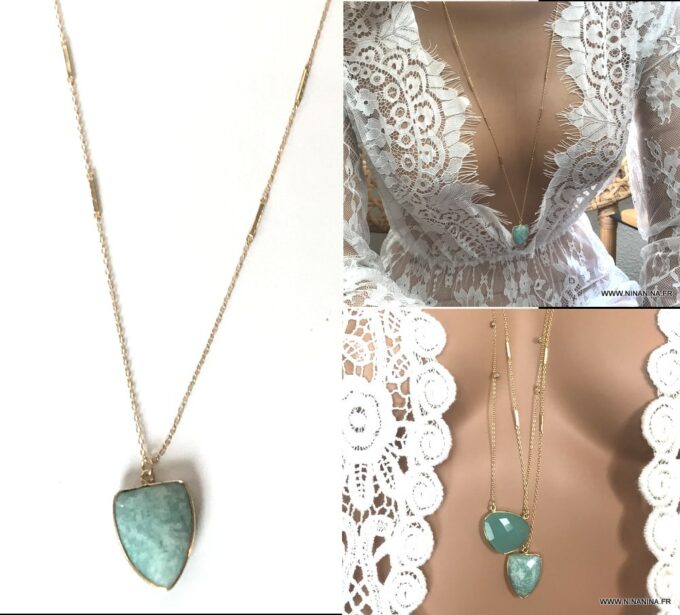 N7074d Collier Amazonite femme doré - Sautoir argent plaqué or - Bijoux Colliers en ligne Ninanina