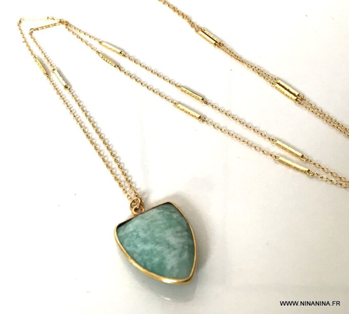 N7074h Collier Amazonite femme doré - Sautoir argent plaqué or - Bijoux Colliers en ligne Ninanina