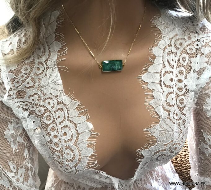 N7075a Collier emeraude femme pendentif rectangle argent plaqué or - Bijoux Colliers en ligne Ninanina