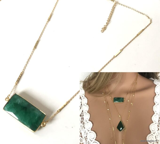 N7075b Collier emeraude femme pendentif rectangle argent plaqué or - Bijoux Colliers en ligne Ninanina